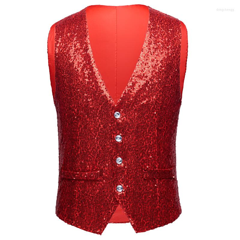 

Men's Vests Mens Shiny Sequined Waistcoat Men Gold Silver Red Blue Black Full Sequins Wedding Groom Vest Gilet Homme DJ Bar Singers Costume