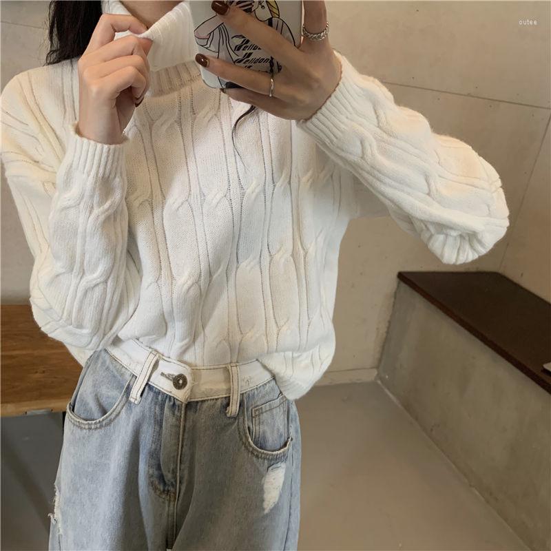 

Women' Sweaters Woman Chandails Autumn Winter High Collar Twist Long-Sleeved Sweater Women' Loose Waist Short Top, Black