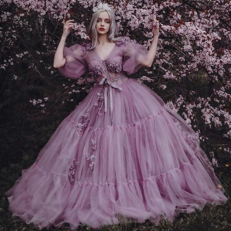 

Party Dresses Light Purple Applique Prom Off-Shoulder Florwer Dress Floral Tulle Evening Puffy With Train Poshoot, Custom made color