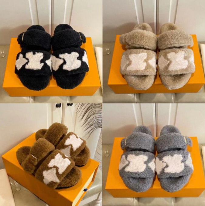 

Ladies Wool Slides Designer Slipper Sandals Flip Flop Winter Fur Fluffy Furry Warm Letters Comfortable Fuzzy Sheet Slippers Womens, #1