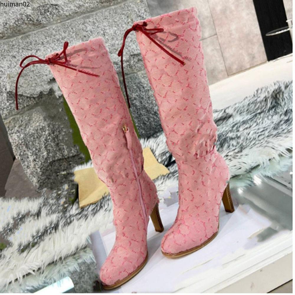 

Designer Women Boots Top Quality Genuine Leather Red Beige Canvas over the knee boot's Zipper Laces fashion luxury High Heel Womens Brand Ca