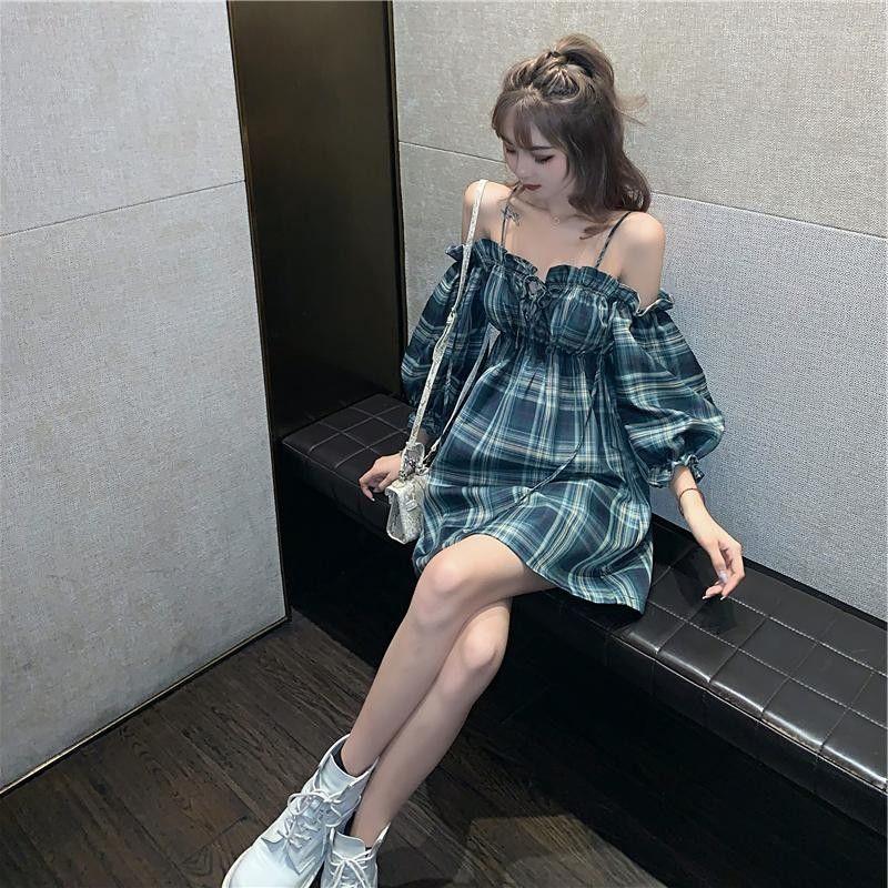 

Casual Dresses Women Plaid Slip Dress For Summer Off-the-Shoulder Short Puff Sleeve Vestido De Mujer Femme Robe, Green