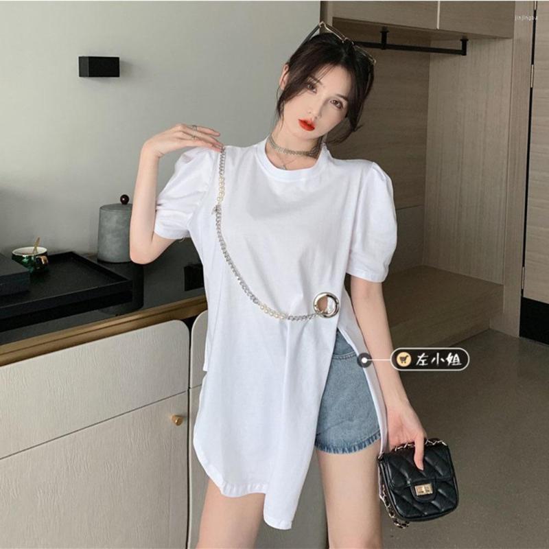

Women's T Shirts 2022 Loose Irregular Side Slit Shirt For Women Bead Necklace Casual D Top Lady Short Sleeve Straight, Black