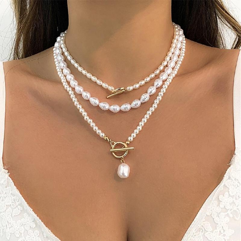 

Choker 3Pcs/Set Baroque Multi-layer Pearl Necklaces Set For Women Retro Round Imitation OT Buckle Necklace Party Jewelry