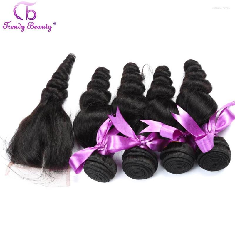 

Human Hair Bulks Peruvian Loose Wave With Closure Non-Remy Weave 4 Bundles Free/Middle/Three Part Trendy Beauty