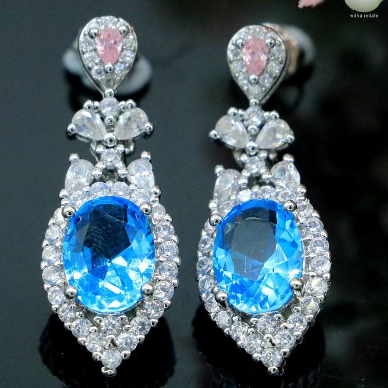 

Stud Earrings 30x11mm Design 5.9g Swiss Blue Topaz Pink Sapphire White Bright Zircon Dating Fine Jewelry Silver