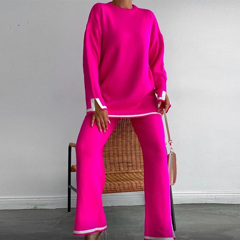 

Women' Two Piece Pants Fall Winter Trouser Set Women Half-turtleneck Long Sleeves Contrast Panels Crewneck Split Knit Office Lady Leisure, Apricot suit