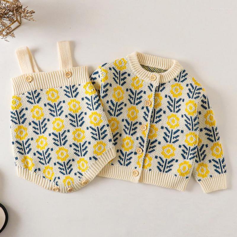 

Rompers Spring Autumn Infant Girls Cute Knitted Jacket Coat Embroidered Flower Jumpsuit One-piece Bodysuit 2022 Fashion Two-piece Set, Bodysuits