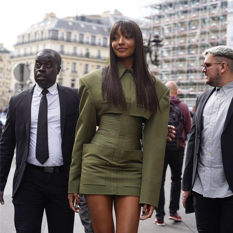 

Casual Dresses Fashion Winter Long Sleeve Green Pleated Button Mini Women Dress Bodycon Party