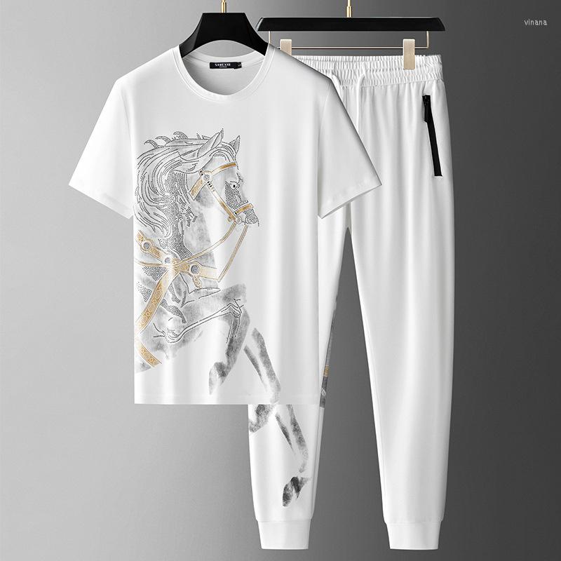 

Men's Tracksuits Short Sleeved T-shirt Set Men High End Fashion Drilling Cool Sports Casual Two-piece, Black