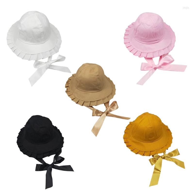 

Berets Women Girls Sweet Ruffles Wide Brim Bucket Hat With Satin Long Ribbon Japanese Lolita Bowknot Sunscreen Fisherman, Black