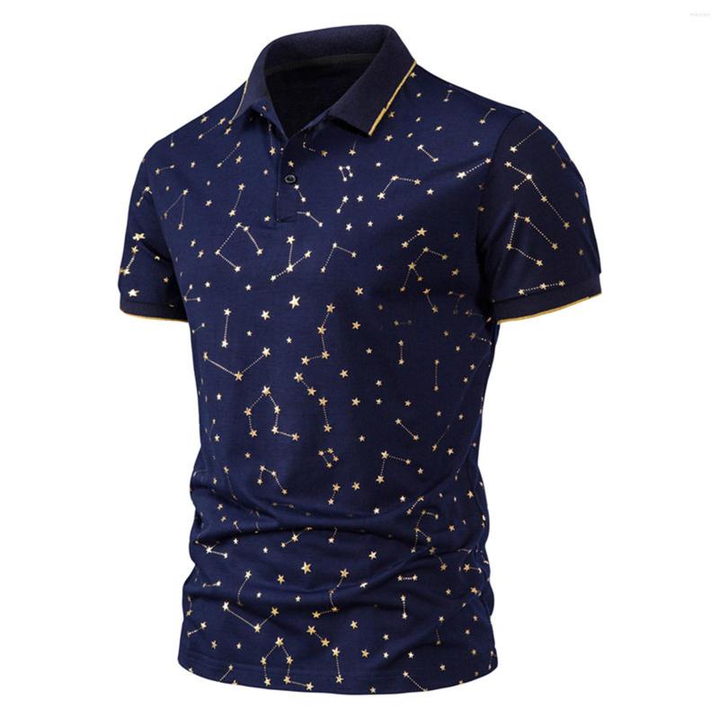 

Men's Casual Shirts Bronzing Print Lapel Summer Star Short-Sleeved Men's Chain T-Shirt Blouse, Black