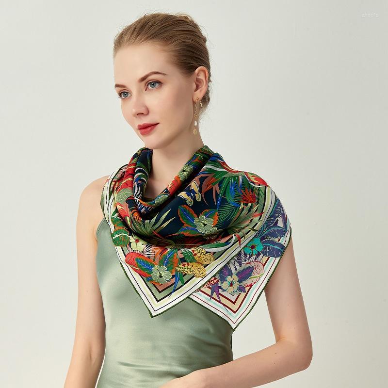 

Scarves 2 Side Prints Natural Silk Scarf Neckerchief Women Spring Large Square Shawl Cape Head For Hair Wrapping 35"