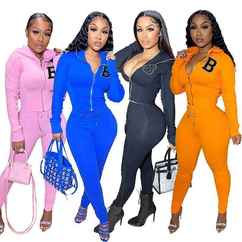 

Women Hoodies Tracksuits Alphabet Print Hooded Zipper Two Piece Pants Set, Orange