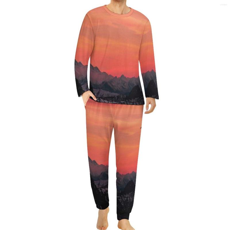 

Men's Sleepwear Mountain Print Pajamas Daily Orange Sunset Casual Man 2 Pieces Graphic Long Sleeves Romantic Oversize Pajama Sets, Style-2