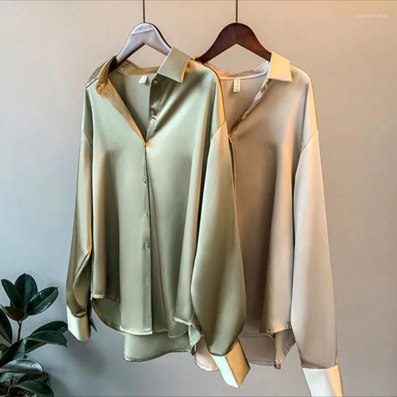 

Women' Blouses Long Sleeve Satin Women Shirt 2022 Autumn Design Female Fashion Restoring Ancient Casual T Shirts Loose Clothes, Army green