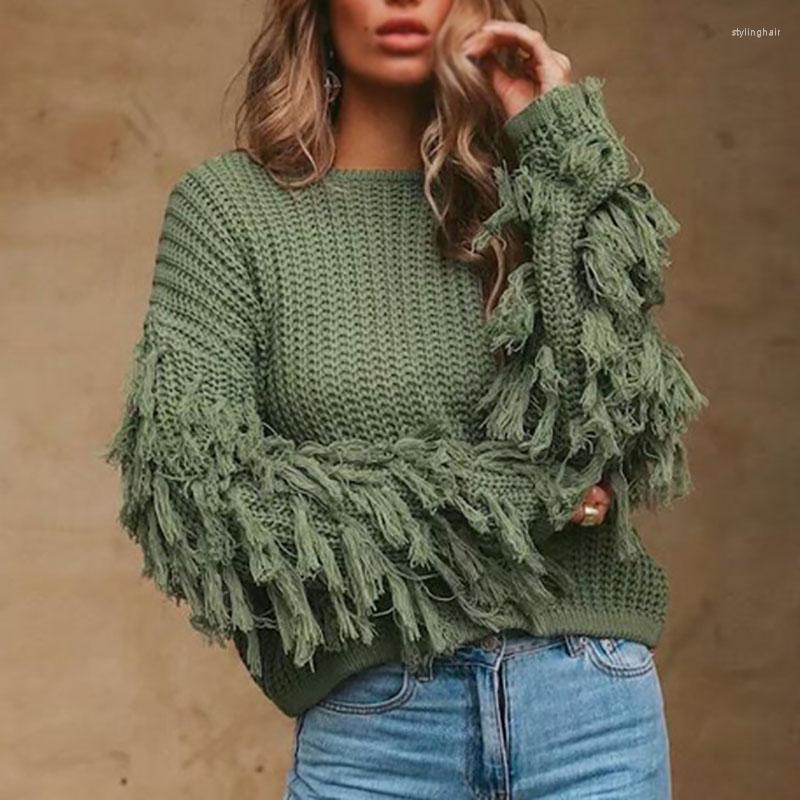 

Women's Sweaters Women's Fashion Round Neck Tassel Knitting Sweater, Green