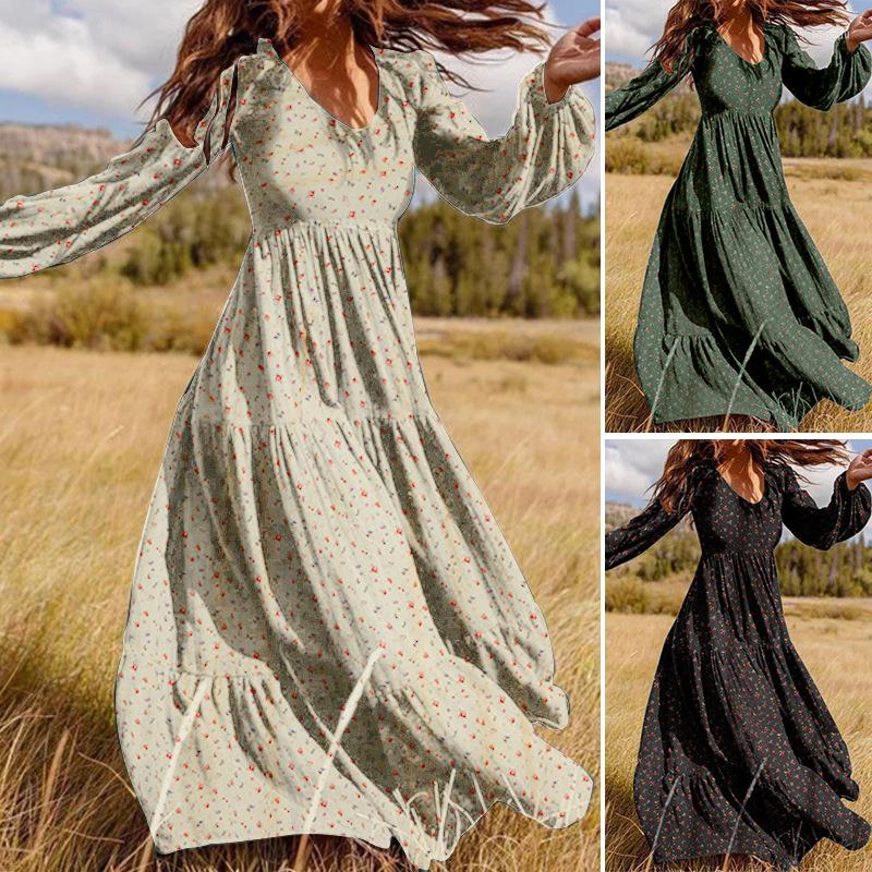 

Casual Dresses Women's Autumn Sundress 2022 Fashion Ruffle Maxi Dress Floral Print Robe Puff Sleeve Tunic Vestidos, Black