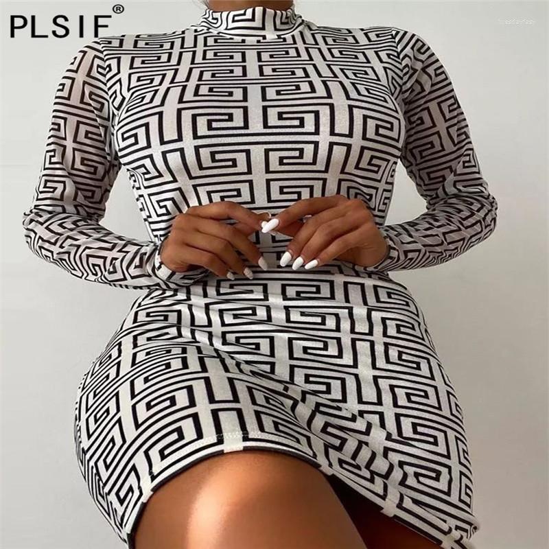 

Casual Dresses Women Fashion Full Sleeve Vintage Print Mini Dress Elegant Sexy Party Club Bodycon Vestidos, White