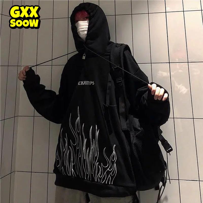 

Men's Hoodies Hip Hop Streetwear Hoodie Sweatshirt 2022 Men Women Flame Embroidery Pullover Harajuku Clothes, Black