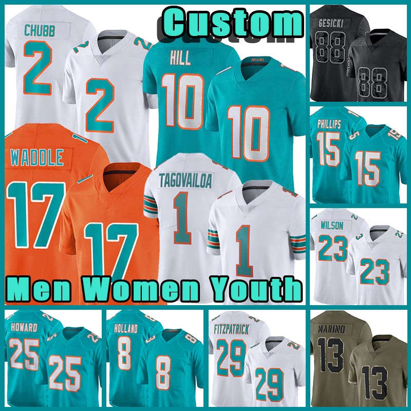 

10 Tyreek Hill 1 Tua Tagovailoa Football Jersey Jaylen Waddle Bradley Chubb Dan Marino Xavien Howard Jaelan Phillips Jevon Holland Teddy Bridgewater Mike Gesicki, Custom youth(h t)