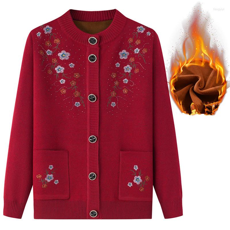 

Women's Knits Spring Autumn Top Women Elderly Mother's Embroidered Knitted Sweaters Grandma Winter Plus Velvet Thick Cardigan Coat, Pink no velvet