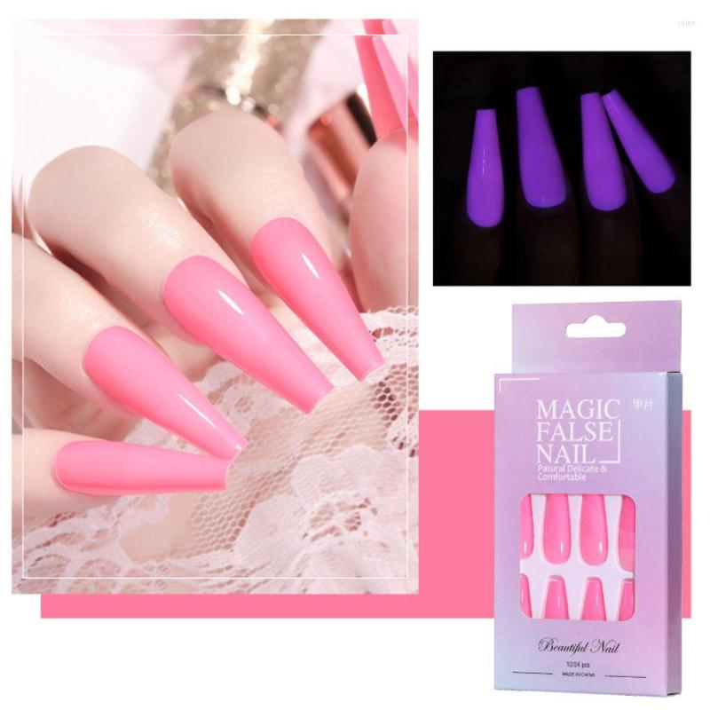 

False Nails 24pcs Nail Art Coffin Shape Extra Long Jelly Gum Luminous Fake Ballerina, Yellow