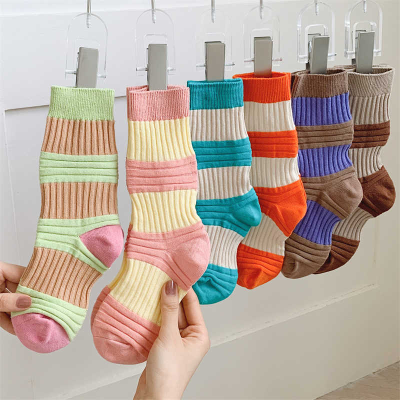 

Socks Hosiery New Socks Women's Fashion Striped Mixed-Color Cotton Breathable Girls Japanese Style Crew Socks For Women Comfortable Casual T221102, Blue