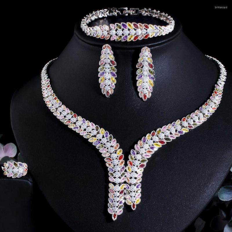 

Necklace Earrings Set CWWZircons 4pcs Colorful CZ Chunky Big Leaf White Gold Plated Naija Dubai Bride Jewelry For Wedding Pageant T657, Picture shown
