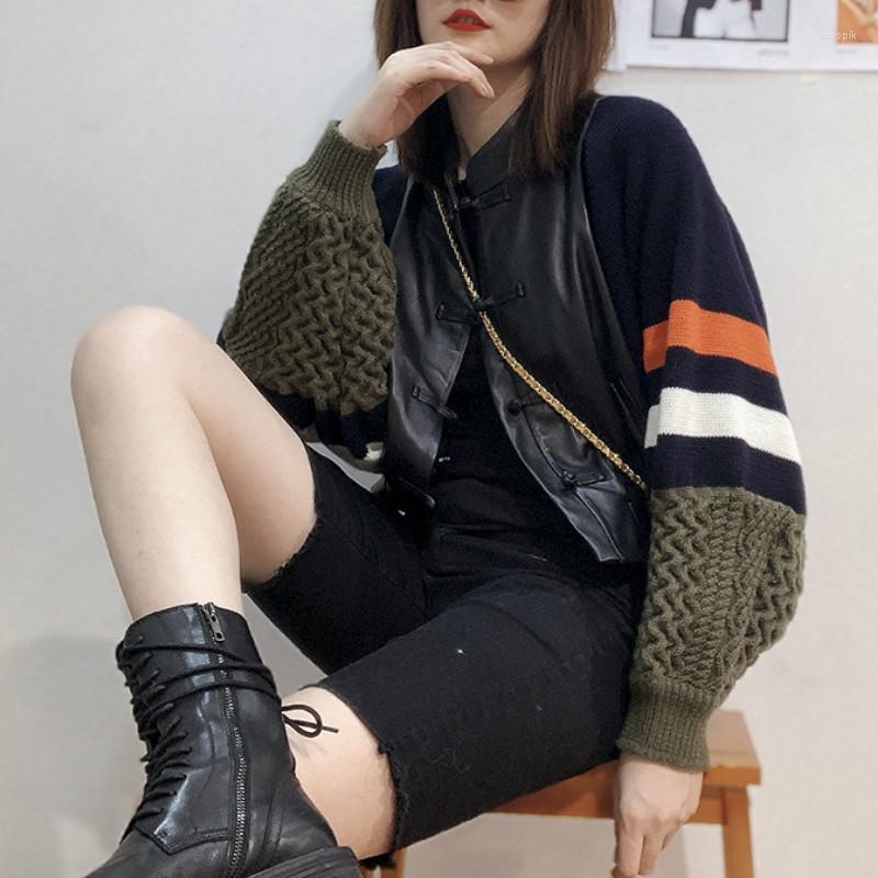 

Women's Leather 2022 Spring Female Sheepskin Loose Knit Sleeve Stand Collar Harajuku Style Wild Jacket, Black