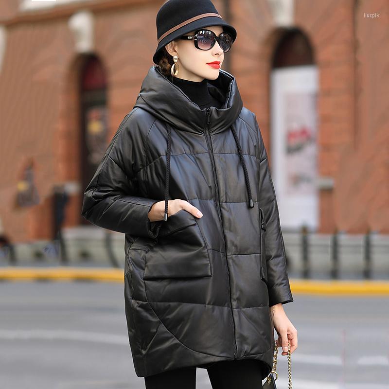 

Women's Leather Hooded Down Jacket Women's Medium And Long Black Casual Loose Zipper Large Pockets Genuine Outerwear Female