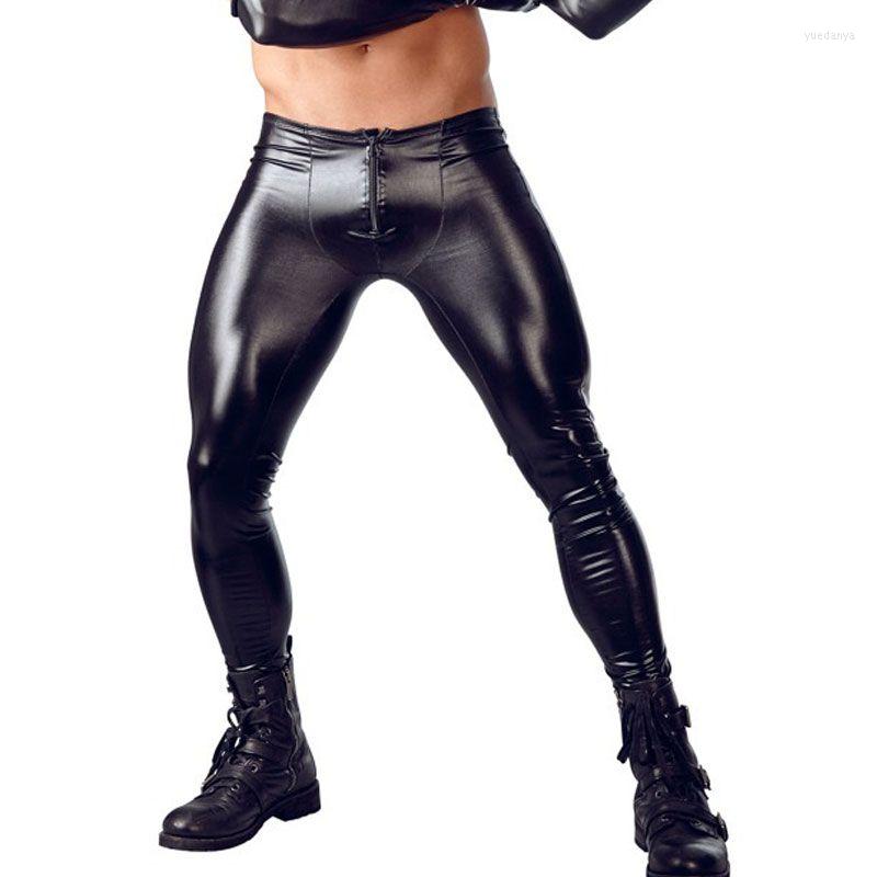 

Men's Pants Men Fashion Skinny Low Waisted Black Leggings Stage Dance Outfit Sexy Zipper Open Shiny Tight Pencil Trousers Pouch