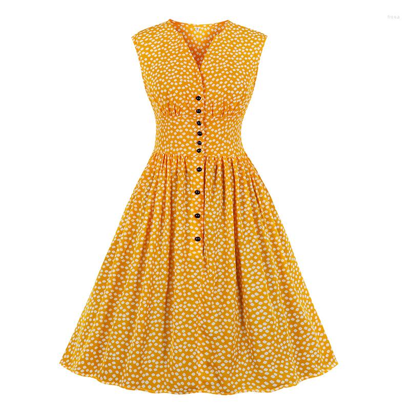 

Casual Dresses Female Clothing Women Summer Sleeveless V Neck Floral Printed Button Patchwork Rockabilly Pin Up Skater Dress, Green