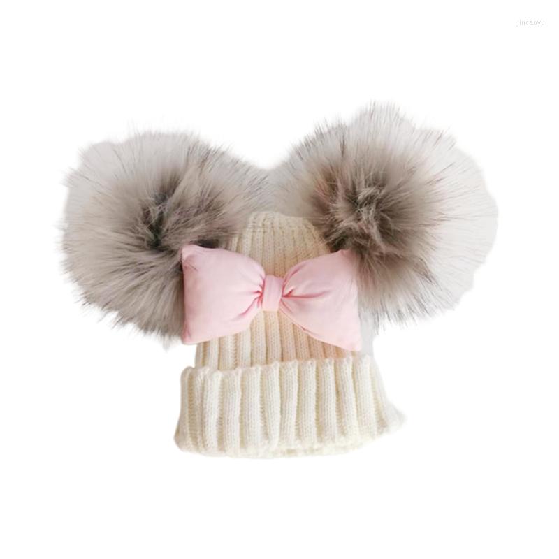 

Hair Accessories Born Winter Toddler Baby Kids Bow Tie Butterfly Knot Melamed Hat Cap Beanie With 2 Pom Poms Ears For Boys And Girls Props, White 4