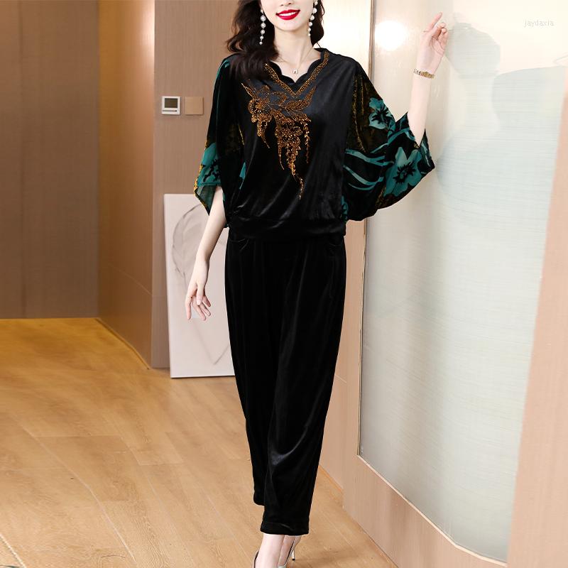 

Women's Two Piece Pants 2022 Spring Autumn 2 Sets Womens Outfits Fashion Office Lady Silk Big Flower Print Loose Top Shirt Suit, Green