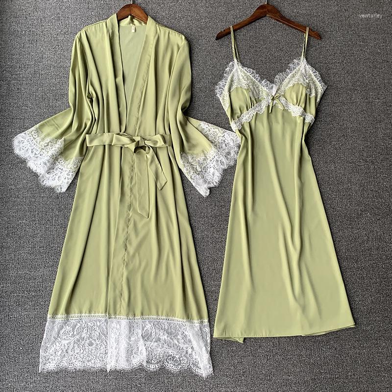 

Women's Sleepwear Home Wear Women Spring Autumn Summer Suspender Nightdress Long-sleeved Nightgown Two-piece Sexy Ice Silk Pajamas Plus, Pink