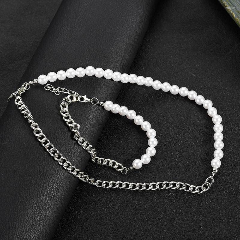 

Chains Splicing Pearl Beads Chain Short Choker Necklace Men Punk Trendy Beaded Bracelet Fashion Handmade Stainless Jewelry Gifts