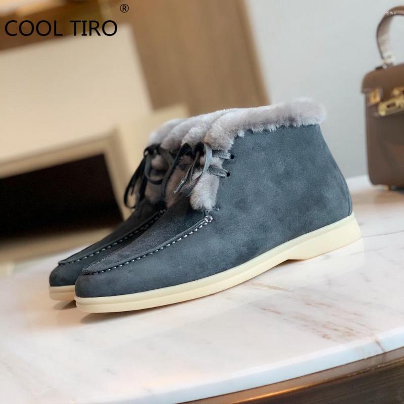 

Boots Lace-up Women Fur Boot Open Walk Ankle Men Snow Wool Loafers Grey Suede Moccasin Flats High-top Winter Casual Shoes, As photo