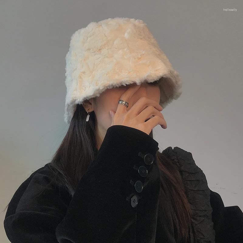 

Berets Winter Bucket Hat For Women Thick Warm Solid Color Plush Ladies Cap Outdoor Sun Cute Panama Caps Girls, Black