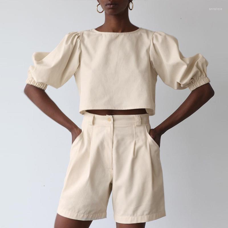 

Women' Tracksuits Summer Women Casual Two Peice Sets Short Puff Sleeve Crop Top And High Waist Shorts Outfits Female Fashion Solid Loose, Beige