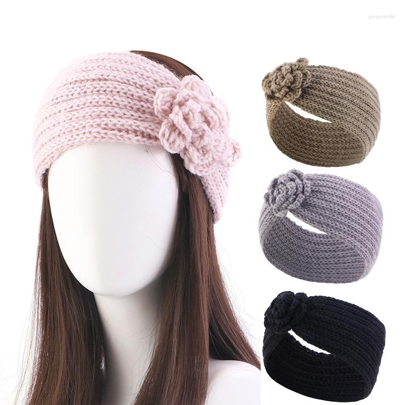 

Bandanas Fall Winter Solid Color Flowers Knitted Wide Elastic Headband Fashion Womens Crochet Warm Hair Band Yoga Accessories