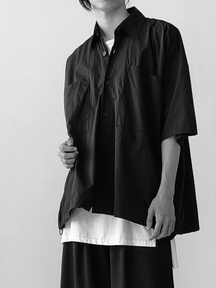 

Men' Casual Shirts Men' Simple Fashion Short Sleeve Solid Color Japanese Retro Personality Big Pocket Work Clothes Shirt, Black