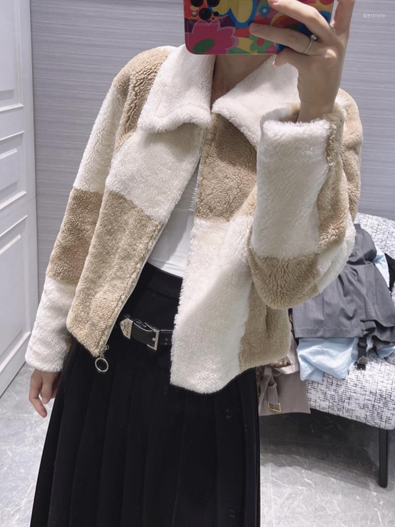 

Women' Jackets 2022 Winter Women Furry Zipper Coat Lady Long Sleeve Contrast Plaid Turn-Down Collar Plush Jacket Top With Zippe