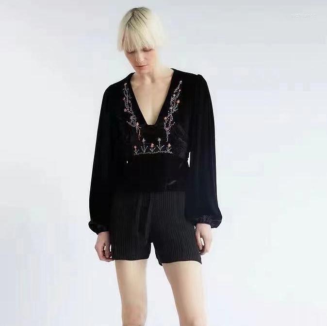 

Women' Blouses Autumn And Winter 2022 Hand Broken Flower Embroidery Sexy Deep V-neck Velvet Top Women, Black