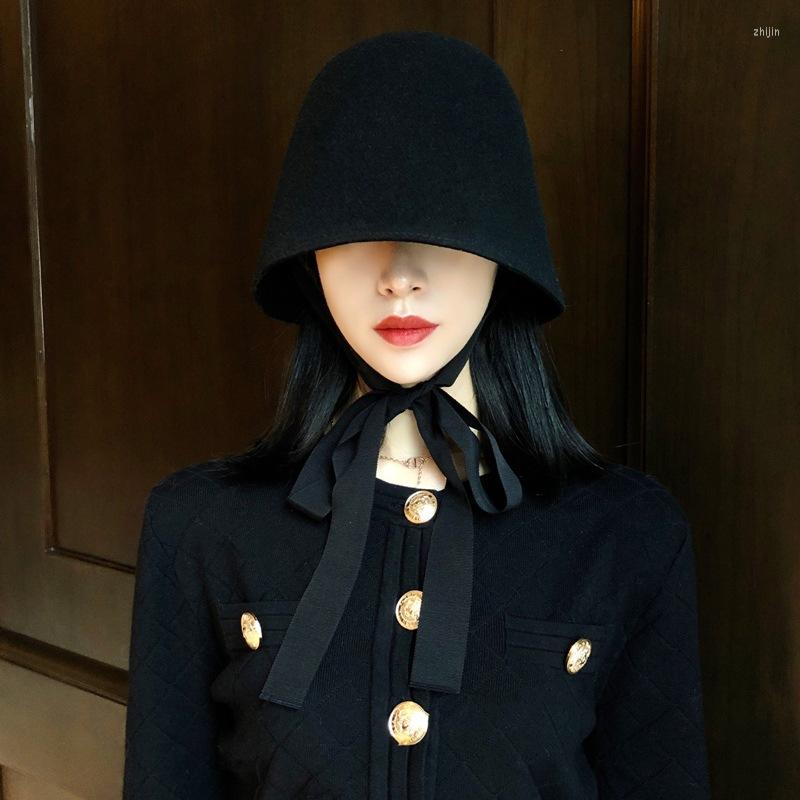 

Berets 202211-8848panshi-france Style Autumn Winter Elegant Straps Wool Lady Bucket Cap Women Fishermen Hat, Black
