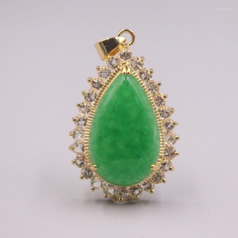 

Pendant Necklaces 18K GP With Green Jade Water Drop Zircon Gift 42x25mm
