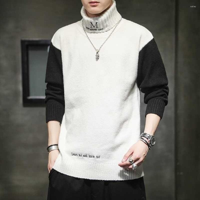 

Men's Sweaters Turtleneck Men Autumn Winter High Neck Knitted Patchwork Warm Sweater Fashion Clothing 2023 Brand, Black