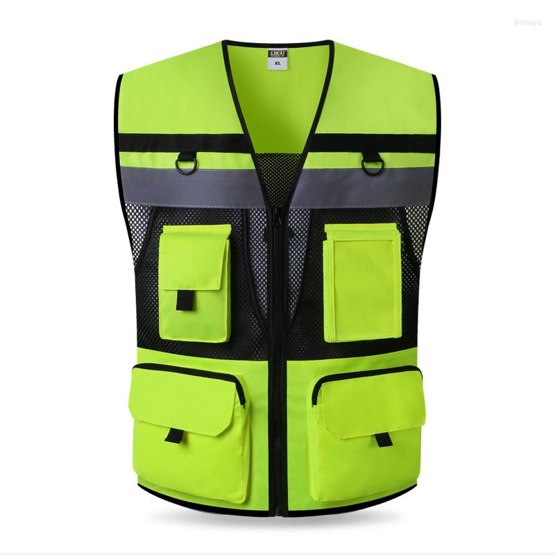 

Motorcycle Apparel High Visibility Security Reflective Vest Pockets Front Zipper Outdoor Traffic Safety Cycling Wear