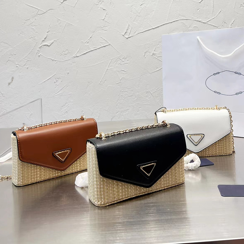 

Designer Straw Mini Crossbody Bag Women Luxurys Bags Brand Triangle Leather Patckwork Flap Handbags Lady Weave 18x9cm, Black