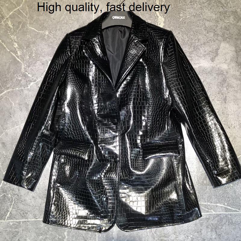 

Women' Leather Spring Female Coat Regular Length Genuine Jacket Crocodile Skin Clothes Turn-Down Collar Women Overcoat High Quality